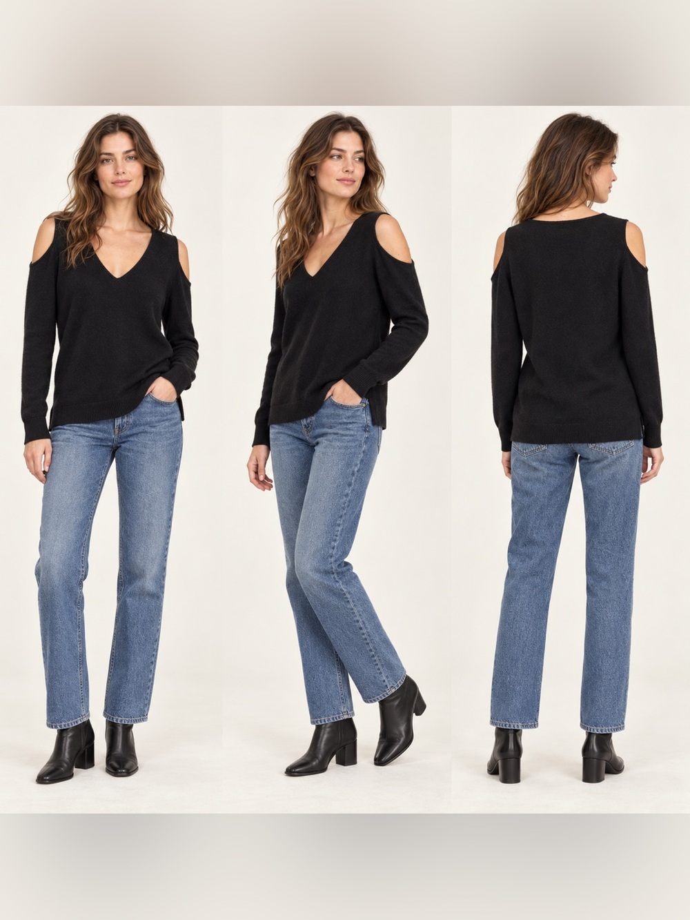 NOTSHY 100% Cashmere Black Cold Shoulder V-Neck Sweater Women’s M